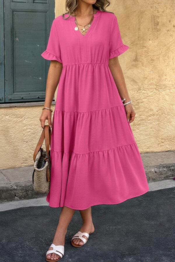 V-Neck A-Line Dress with Pleated Ruffle Hem