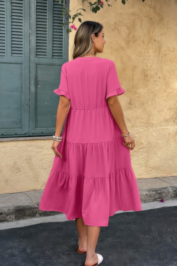 V-Neck A-Line Dress with Pleated Ruffle Hem