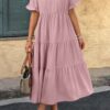 V-Neck A-Line Dress with Pleated Ruffle Hem