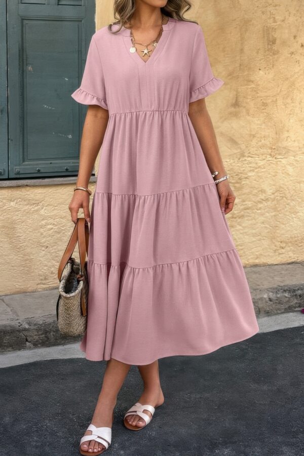 V-Neck A-Line Dress with Pleated Ruffle Hem