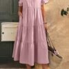 V-Neck A-Line Dress with Pleated Ruffle Hem