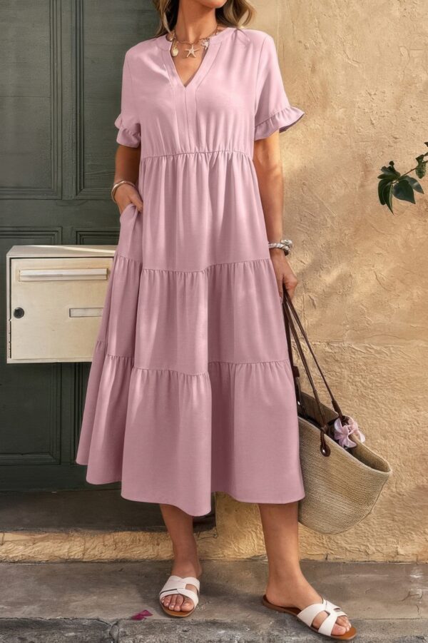 V-Neck A-Line Dress with Pleated Ruffle Hem