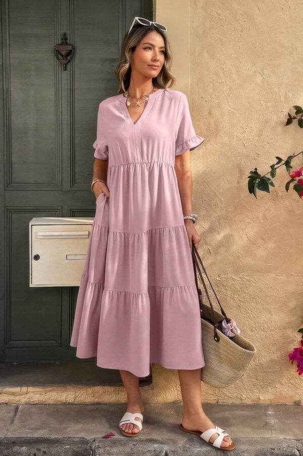 V-Neck A-Line Dress with Pleated Ruffle Hem