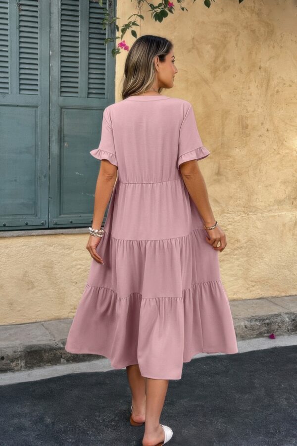 V-Neck A-Line Dress with Pleated Ruffle Hem
