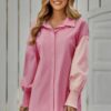 Color Block Button Down Blouse with Cuffed Sleeves