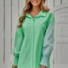 Color Block Button Down Blouse with Cuffed Sleeves