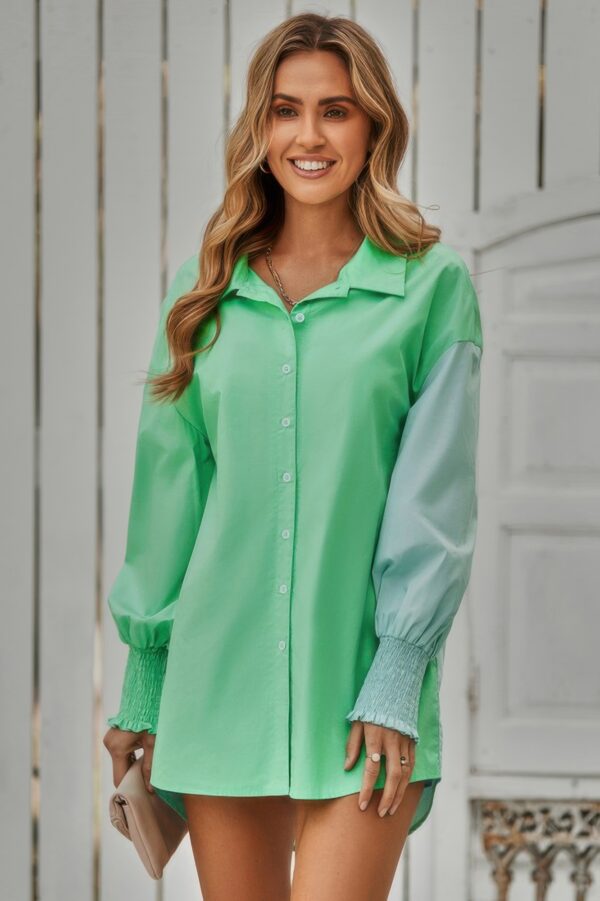 Color Block Button Down Blouse with Cuffed Sleeves