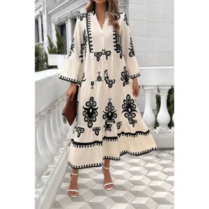 V-Neck Stand Collar Dress with Floral Splicing