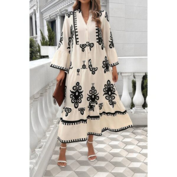 V-Neck Stand Collar Dress with Floral Splicing