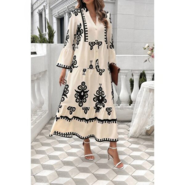 V-Neck Stand Collar Dress with Floral Splicing