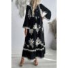 V-Neck Stand Collar Dress with Floral Splicing