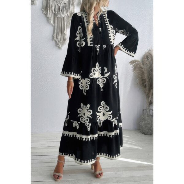 V-Neck Stand Collar Dress with Floral Splicing