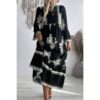 V-Neck Stand Collar Dress with Floral Splicing