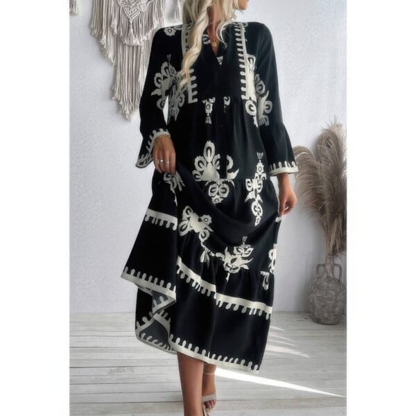 V-Neck Stand Collar Dress with Floral Splicing