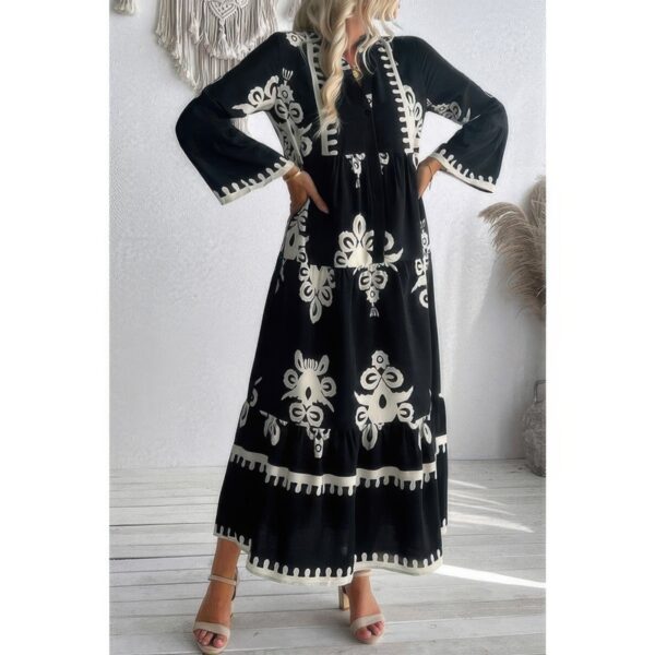 V-Neck Stand Collar Dress with Floral Splicing