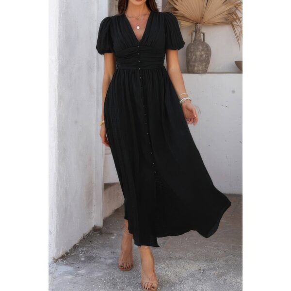 V-Neck Puff Sleeve Knot Dress – 100% Polyester
