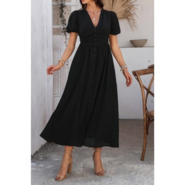 V-Neck Puff Sleeve Knot Dress – 100% Polyester