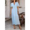 V-Neck Puff Sleeve Knot Dress – 100% Polyester