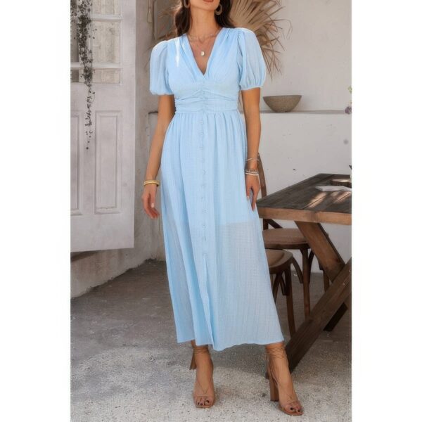 V-Neck Puff Sleeve Knot Dress – 100% Polyester
