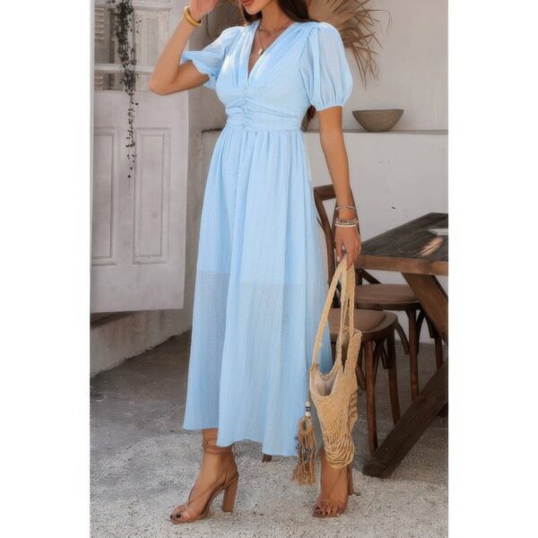 V-Neck Puff Sleeve Knot Dress – 100% Polyester