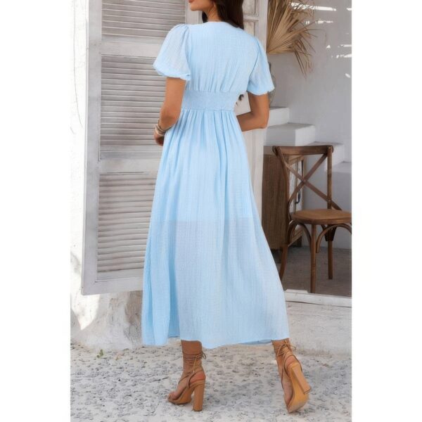 V-Neck Puff Sleeve Knot Dress – 100% Polyester