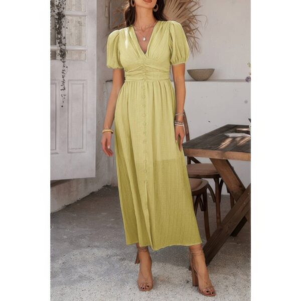 V-Neck Puff Sleeve Knot Dress – 100% Polyester