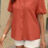 V-Neck Button-Down Top with Lantern Puff Sleeves