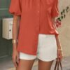 V-Neck Button-Down Top with Lantern Puff Sleeves