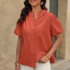 V-Neck Button-Down Top with Lantern Puff Sleeves