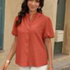 V-Neck Button-Down Top with Lantern Puff Sleeves