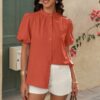 V-Neck Button-Down Top with Lantern Puff Sleeves