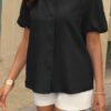 V-Neck Button-Down Top with Lantern Puff Sleeves