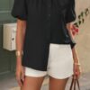 V-Neck Button-Down Top with Lantern Puff Sleeves