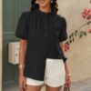 V-Neck Button-Down Top with Lantern Puff Sleeves