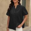 V-Neck Button-Down Top with Lantern Puff Sleeves