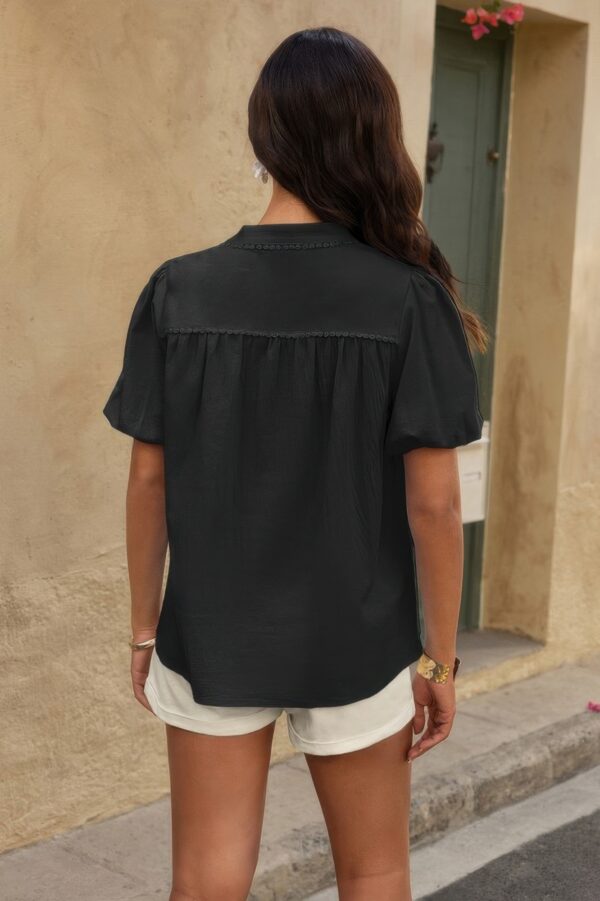 V-Neck Button-Down Top with Lantern Puff Sleeves