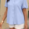 V-Neck Button-Down Top with Lantern Puff Sleeves