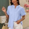 V-Neck Button-Down Top with Lantern Puff Sleeves