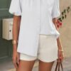 V-Neck Button-Down Top with Lantern Puff Sleeves