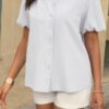 V-Neck Button-Down Top with Lantern Puff Sleeves