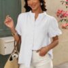 V-Neck Button-Down Top with Lantern Puff Sleeves