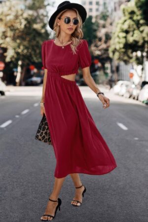 Round-Neck Cutout Waist A-Line Midi Dress