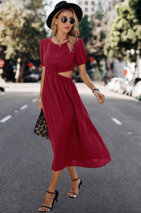 Round-Neck Cutout Waist A-Line Midi Dress