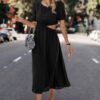 Round-Neck Cutout Waist A-Line Midi Dress