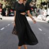 Round-Neck Cutout Waist A-Line Midi Dress