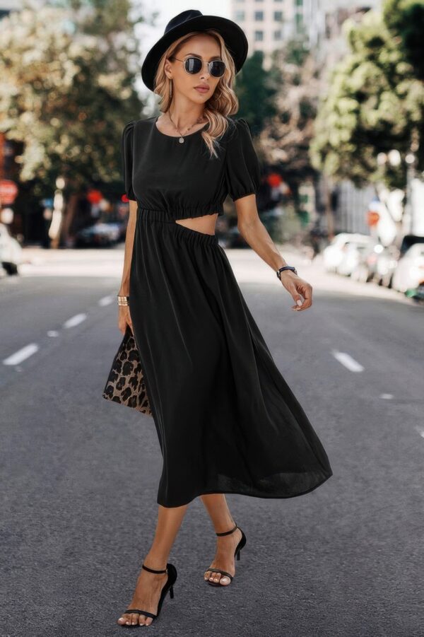 Round-Neck Cutout Waist A-Line Midi Dress