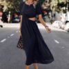 Round-Neck Cutout Waist A-Line Midi Dress