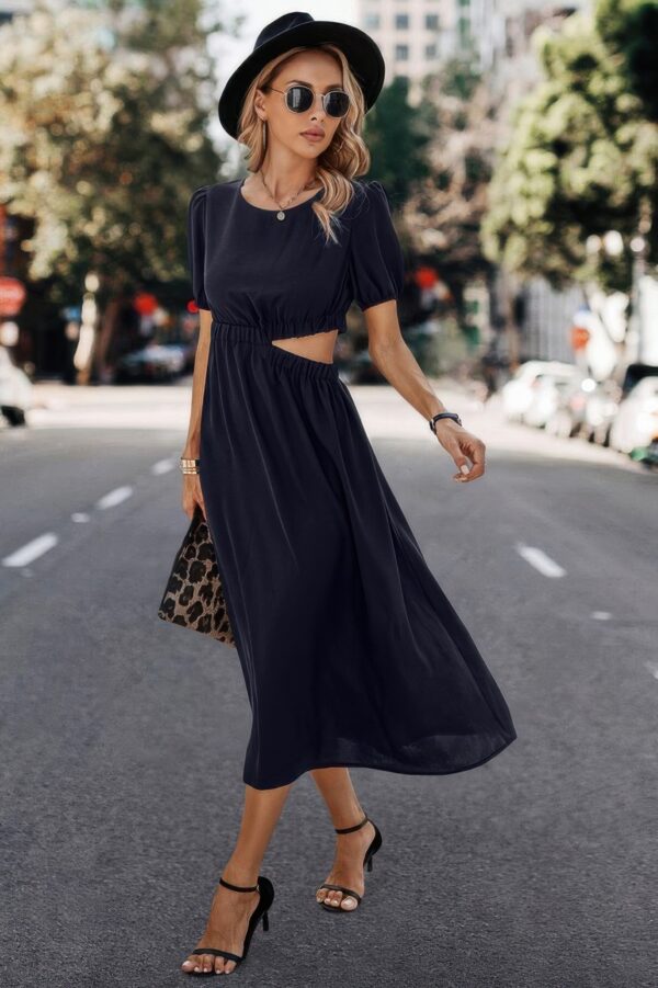 Round-Neck Cutout Waist A-Line Midi Dress