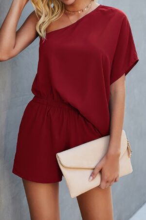 One-Shoulder Batwing Sleeve High-Waist Romper