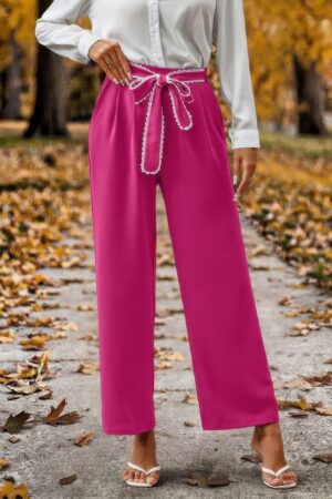 High-Waist Straight-Leg Pants with Lace Tie – Plus Size
